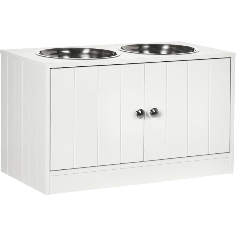 Gamelle double chien chat - porte-gamelles surélevé armoire 2 en 1 - 2 portes, 2 gamelles - acier inox. MDF blanc