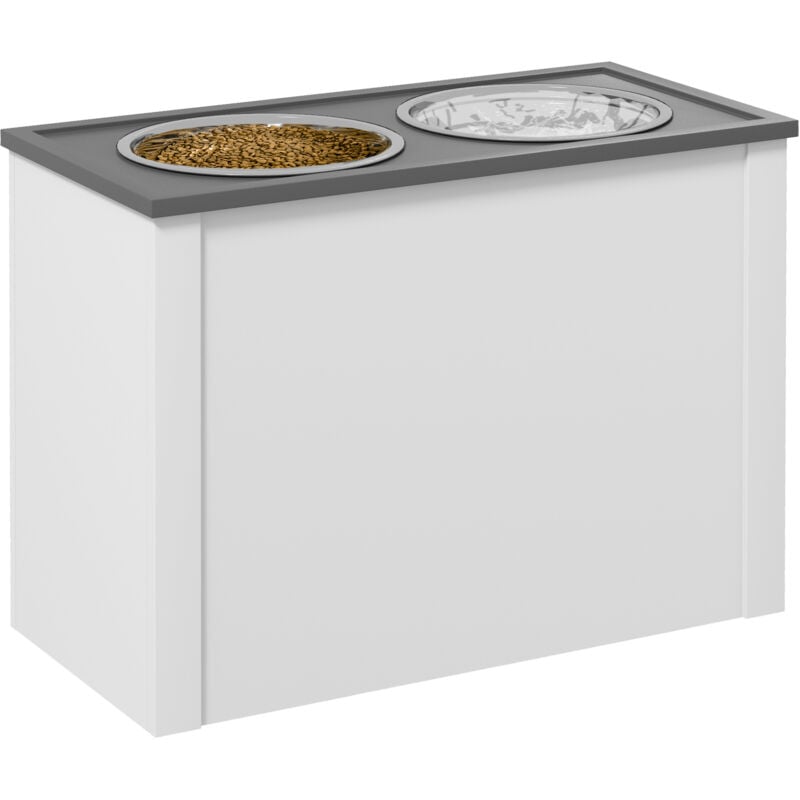 Pawhut - Gamelle double chien - porte-gamelles surélevé rangement 2 en 1 - tiroir, 2 gamelles - acier inox. mdf gris blanc