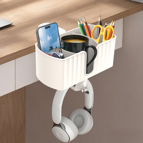 Porte-gobelet de bureau, porte-stylo à clip, support pour casque audio, crochet rotatif, à fixer sous la table - blanc