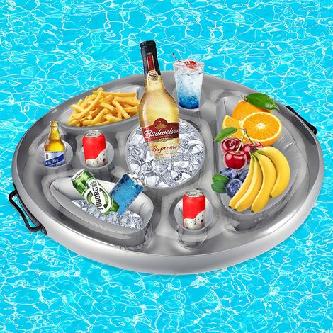 Porte Gobelet Gonflable, Plateau Flottant pour Piscine, Porte Bière Flottant PVC, Plateau Gonflable Bar Flottant Spa pour Plage Eau Jouets soirée Piscine (Argent - Comprend une pompe)