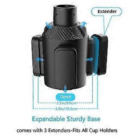 Porte-gobelet multifonctionnel 3 en 1 pour voiture : adaptateur extensible, base pivotante et réglable, support de rangement et fixation pour gobelet.
