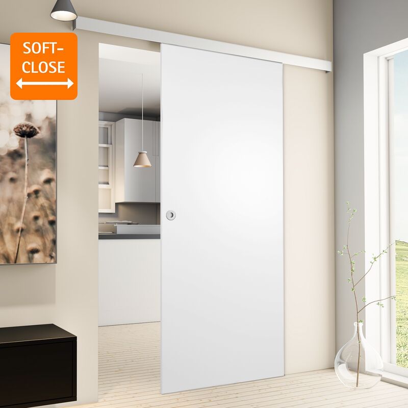 Porte coulissante intérieure Inova, 75 x 203 cm, bois blanc, 2 poignées différentes, fermeture Softclose en option - Poignée ronde + Softclose