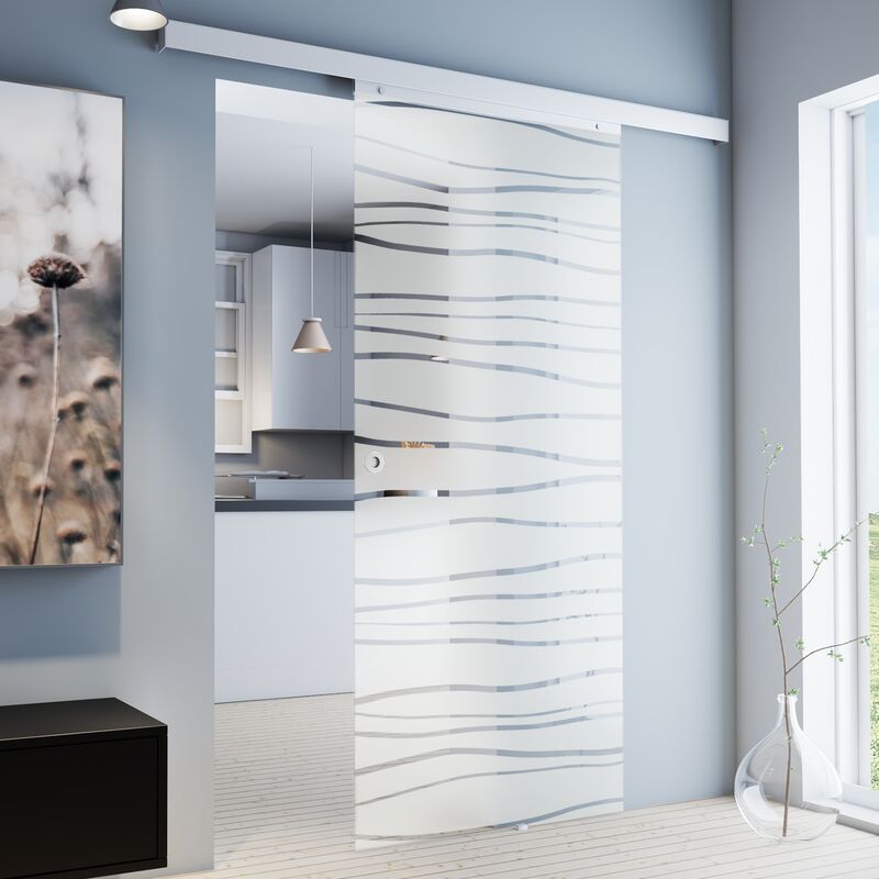 Inova Star - Porte coulissante intérieure vitrée Inova, 90 x 203 cm, verre de sécurité décor mistral, 3 poignées différentes, fermeture Softclose en