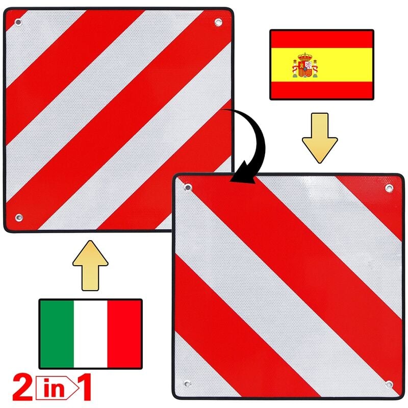 Plaque d'avertissement 2en1 Espagne ET Italie aluminium 500mm rouge-blanc remorque porteuse arrière