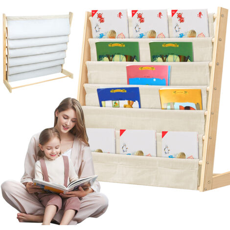Porte Livres Enfant 7 Étages en Bambou Naturel - Structure Bois Massif & Tissu Respirant (75x30x76cm), Design Écologique, Rangement Éducatif Gain de Place pour Chambre/Salle de Jeux