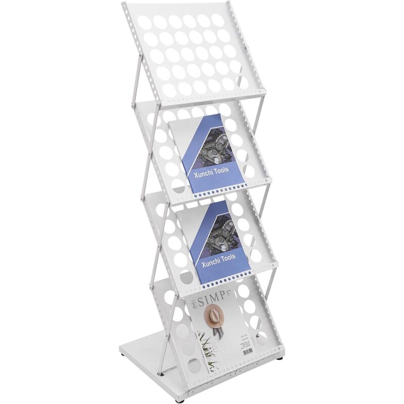Porte-magazines pliable à 4 niveaux - Étagère moderne autoportante - Étagère à catalogue pliable pour bureau, foires, bibliothèques, jusqu'à 20 kg,