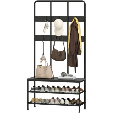 Porte-manteau 3 en 1, crochets pour vêtements, banc, étagère à chaussures, métal, panneaux de particules, noir