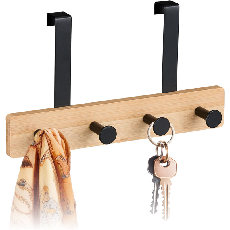 Portemanteau décoratif et pratique, pour porte, patère 4 crochets, à suspendre, bambou et métal, nature & noir - Relaxdays