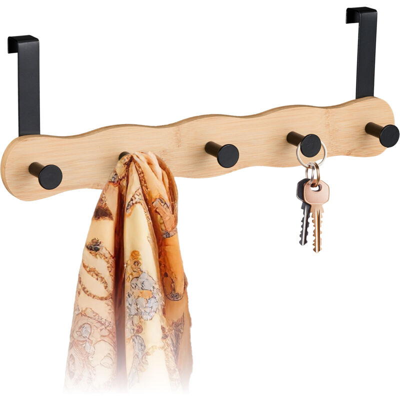 Portemanteau décoratif et pratique, pour porte, patère 5 crochets, à suspendre, bambou et métal, nature & noir - Relaxdays