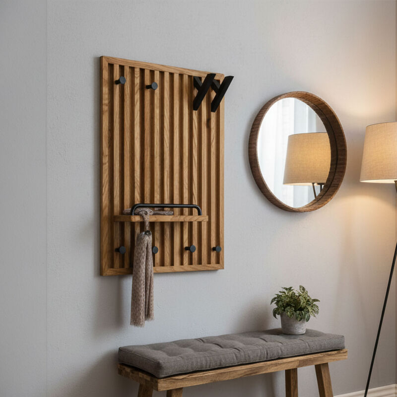 M&S – Porte manteau en chêne massif et métal – 8 crochets – Dimensions 60x12x50cm – Charge maximale 3kg – Design aéré pour entrée M&S – Porte manteau en chêne massif et métal – 8 crochets – Dimensions 60x12x50cm – Charge maximale 3kg – Design aéré pour entrée