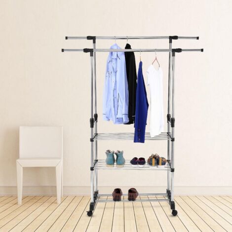 Porte-Manteau à Roulettes Réglable Portant à Vêtements Double Barre Tringle Extensible avec 3 Étagères