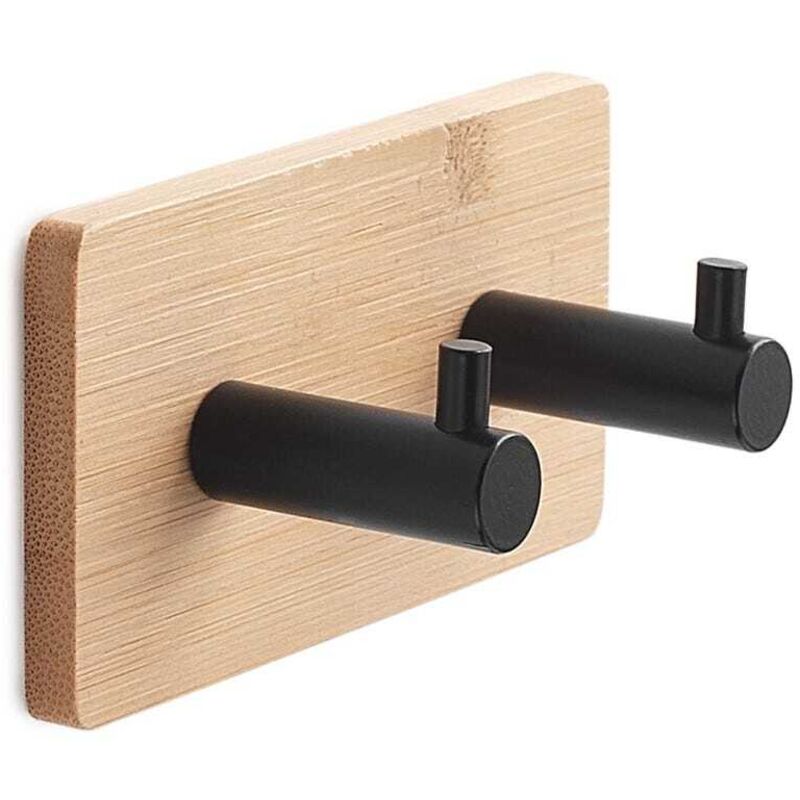 Porte-Manteau Adhésif En Bois De Bambou Naturel Et Métal Noir