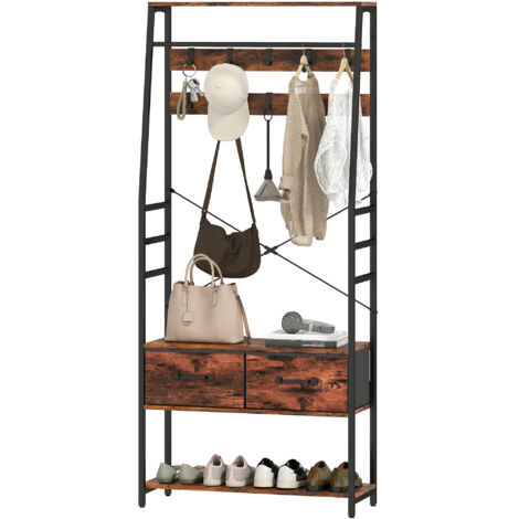 Porte manteau Armoire avec étagère à chaussures, porte-manteau avec banc, 10 crochets, 2 tiroirs en tissu, tringle à vêtements, panneaux de particules, métal, marron