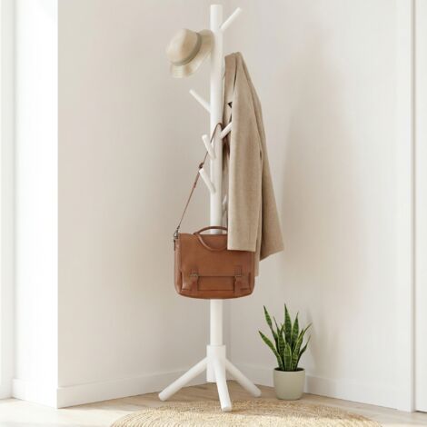 Porte-manteau autoportant robuste, blanc, 3 sections réglables et 8 crochets, portant en bois pour vêtements et chapeaux