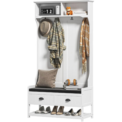 Porte-manteau avec crochets, armoire avec banc à chaussures, pour entrée, couloir, métal, MDF, blanc et gris