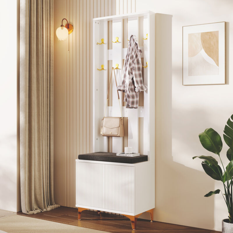 Wishdor - Porte-manteau avec crochets, banc à chaussures et coussins, blanc