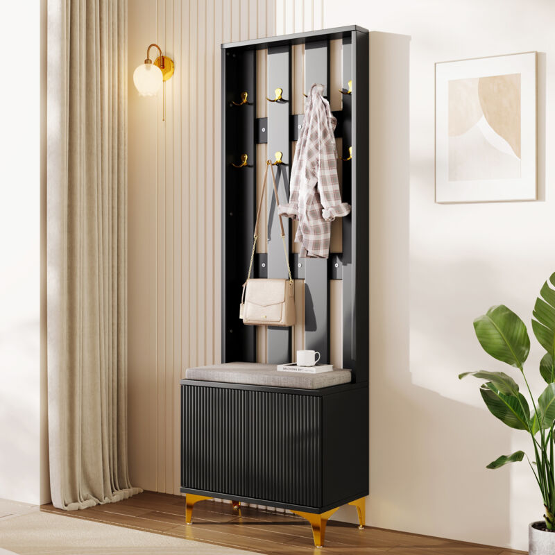 Wishdor - Porte-manteau avec crochets, banc à chaussures et coussins, noir