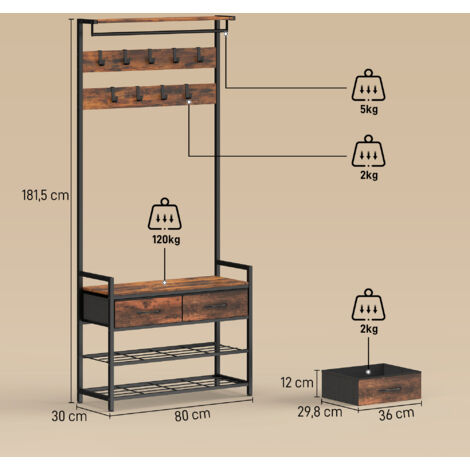 Porte-manteau avec crochets, banc à chaussures, meuble de rangement d'entrée de style industriel, structure en acier, marron rustique