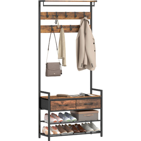 Porte-manteau avec crochets, banc à chaussures, meuble de rangement industriel pour entrée, structure en acier, marron rustique