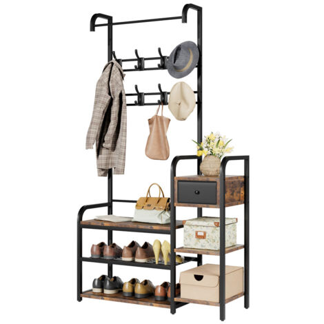 Porte-Manteau avec Étagère à Chaussures-8 Crochets Porte-Manteau AVEC 3 ETAGERE TIROIR,PorteManteaux pour entrée-Marron/Noir-88X 30X175CM