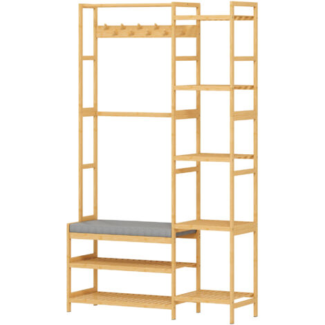 Porte-manteau avec étagère à chaussures, patères, banc avec coussin, pour entrée, couloir, hall d'entrée, bois naturel