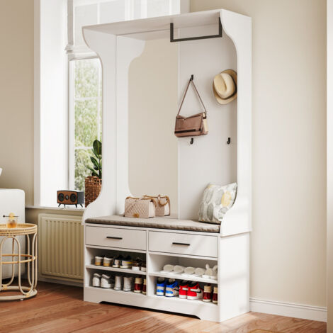 Porte-manteau avec miroir, 104x35x180cm, 5 en 1 miroir de coiffure multifonctionnel, avec tabouret à chaussures + porte-chaussures, étagère de rangement pour entrée, couloir, chambre, blanc