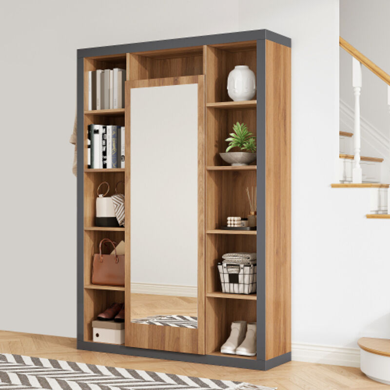 Okwish - Porte-manteau avec miroir, armoire multifonctionnelle et vitrine, combinaison bibliothèque avec égouttoir, crochets et cintres