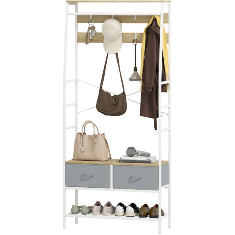 Porte-manteau avec rangement pour chaussures, crochets, tiroirs, barre et étagère pour entrée/salon 80 x 30 x 180,5 cm Naturel