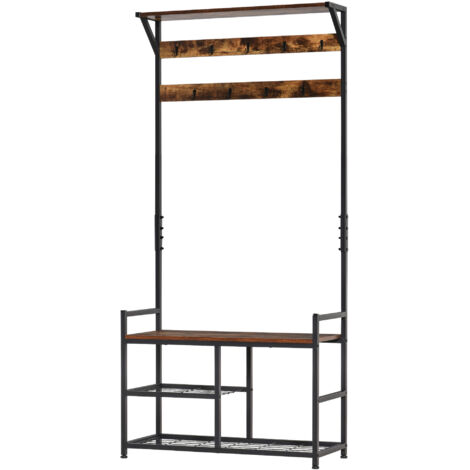 Porte-manteau avec rangement pour chaussures, porte-manteau d'entrée à 3 étagères, 9 crochets, pieds réglables, style industriel pour couloir ou chambre, 84 x 34,5 x 180 cm, noir/marron