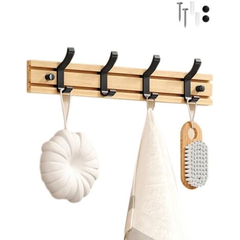Porte Manteau Bambou Mural, Patères 4 Crochets pour Suspendre Vêtements, Peignoirs, Serviettes, Manteaux Crochet Mural pour Entrée, Chambre, Salle de Bain (Noir-4 Crochets)
