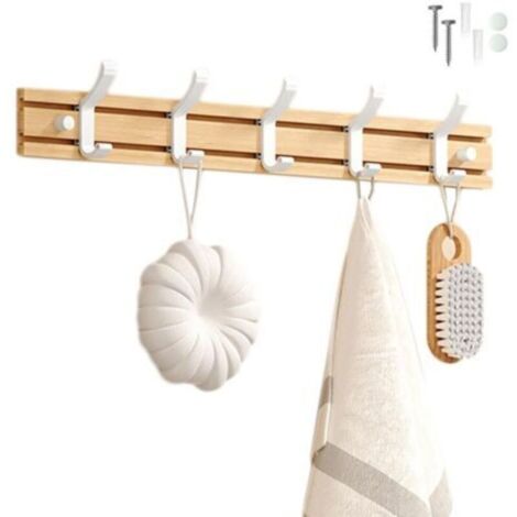 Porte Manteau Bambou Mural, Patères 5 Crochets pour Suspendre Vêtements, Peignoirs, Serviettes, Manteaux Crochet Mural pour Entrée, Chambre, Salle de Bain (Blanc-5 Crochets)