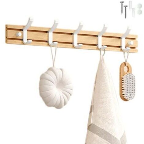 Porte Manteau Bambou Mural, Patères 5 Crochets pour Suspendre Vêtements, Peignoirs, Serviettes, Manteaux Crochet Mural pour Entrée, Chambre, Salle de Bain (Blanc-5 Crochets)