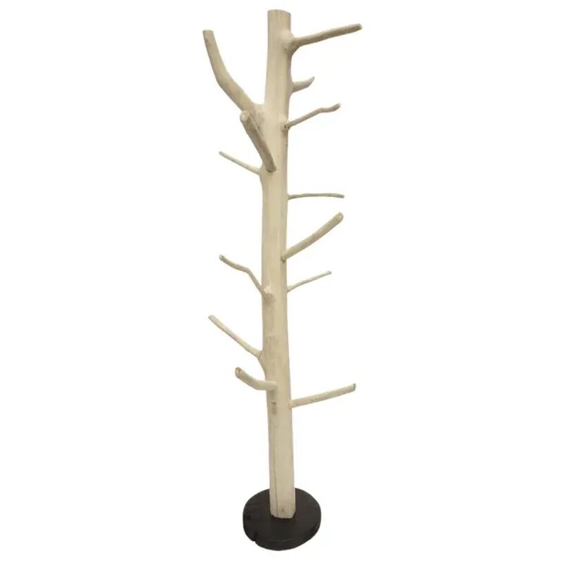Meubletmoi - Porte-manteau branche bois de teck brut 180 cm pied rond noir - nao