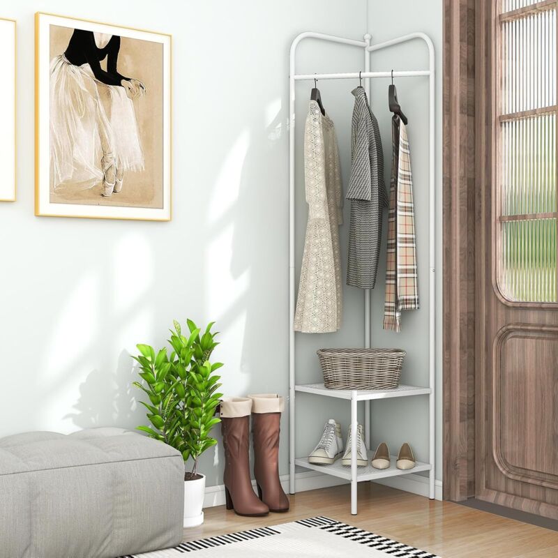 Porte-manteau d'Angle avec Étagères 42,5 x 42,5 x 193,5 cm, avec Cintre Supérieur et 2 Étagères en Maille, Dispositifs Anti-basculement, Blanc