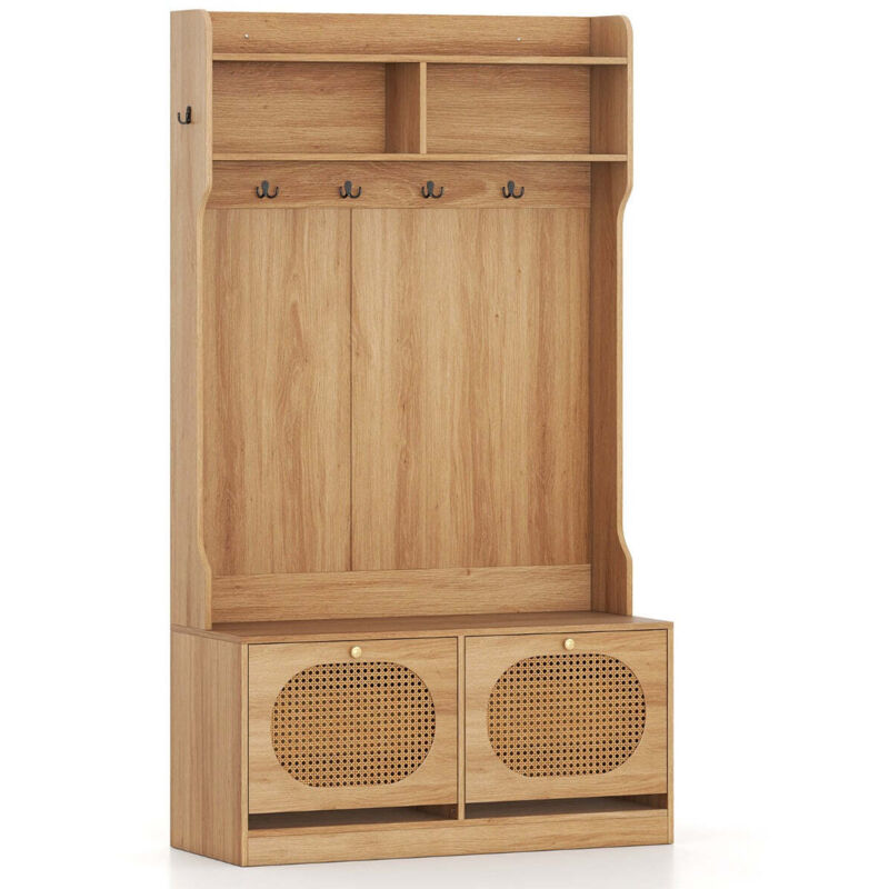Porte-manteau d'entrée 4 en 1 avec banc et tiroirs à abattants 101,5 x 40 x 180 cm avec grande capacité de rangement style rustique en bois naturel