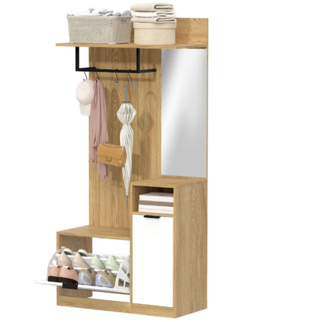 Porte-manteau d'entrée avec tringle, 4 crochets, banc avec étagère à chaussures et armoire, chêne et blanc