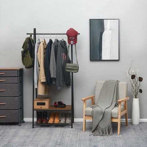 Porte-Manteau d’Entrée, Tringle à vêtements avec 2 Étagères et 2 Patères pour Chaussures