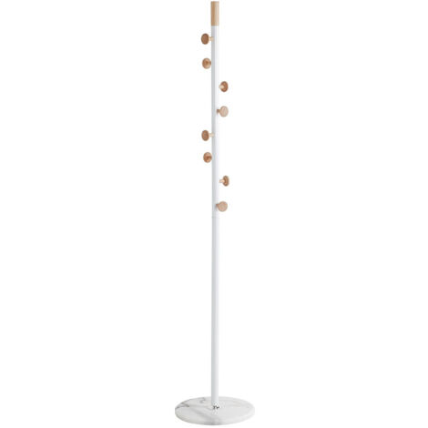 Porte-manteau en acier coloris blanc et bois coloris naturel, pieds en marbre coloris blanc - diamètre 35 x hauteur 178 cm