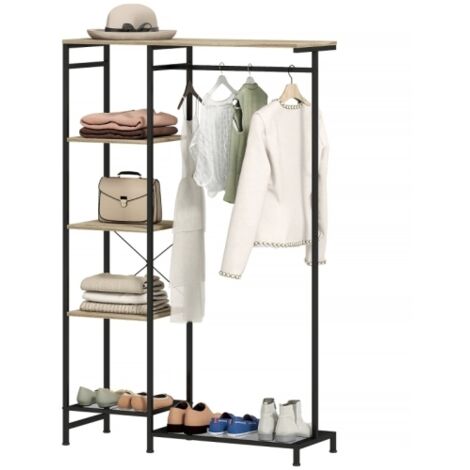 Porte-manteau en aspect chêne naturel avec tringle à vêtements et étagère à chaussures, dispositif anti-basculement sécurisé, design classique et fiable