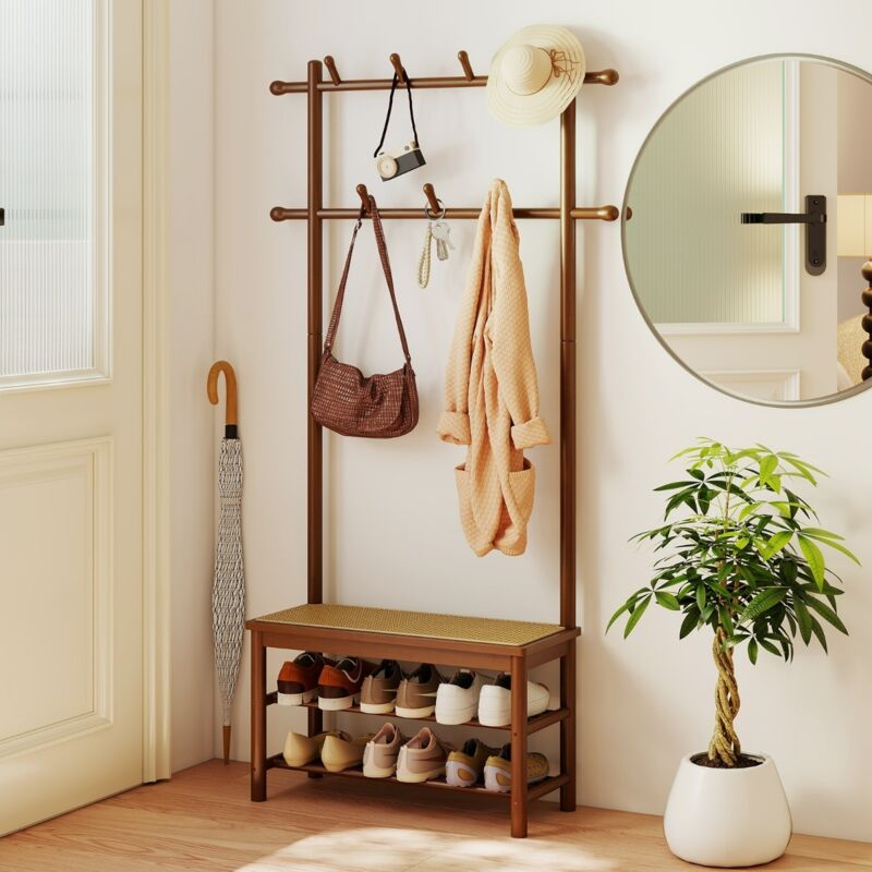 Porte-Manteau en Bambou Arbre de Hall en Rotin PE avec Banc et Rangement à Chaussures Banc d'Entrée avec 2 Barres de Suspension Marron