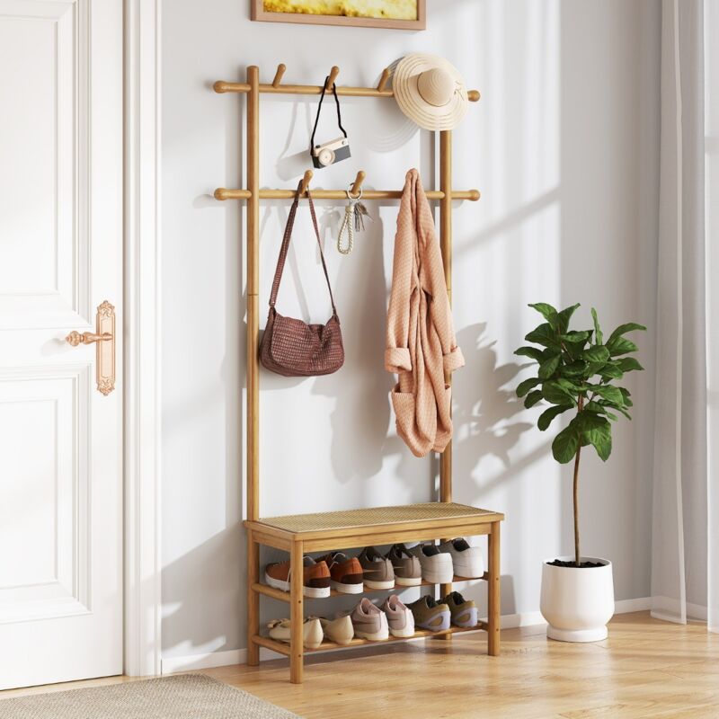 Porte-Manteau en Bambou Arbre de Hall en Rotin PE avec Banc et Rangement à Chaussures Banc d'Entrée avec 2 Barres de Suspension Naturel