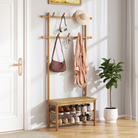 Porte-Manteau en Bambou Arbre de Hall en Rotin PE avec Banc et Rangement à Chaussures Banc d'Entrée avec 2 Barres de Suspension Naturel