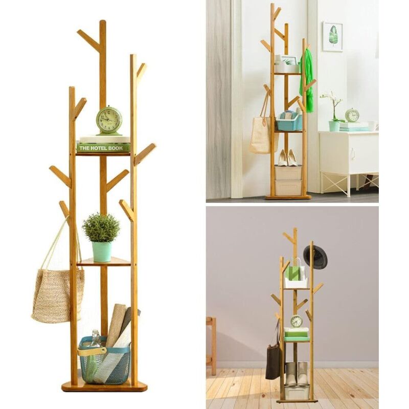 Porte-manteau en bambou avec étagères et crochets, en forme d'arbre, porte-manteau sur pied, porte-manteau multifonctionnel pour vêtements, chapeaux,