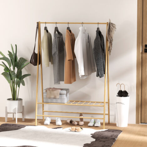 Porte-manteau en bambou naturel robuste, portant à vêtements avec étagères et crochets, barre de suspension multifonction, design sain pour entrée salon chambre