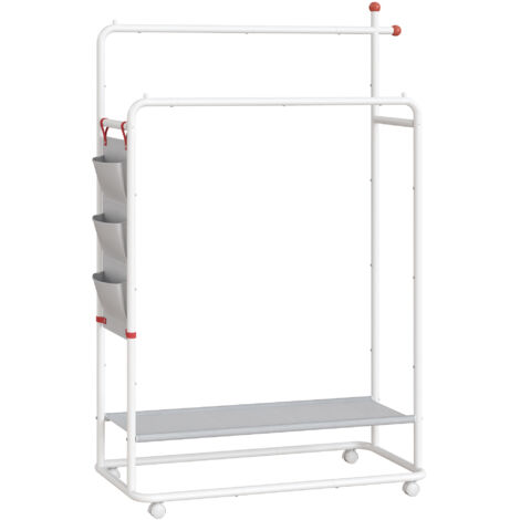 Porte-manteau en métal avec roulettes – 2 barres de suspension – Étagère de rangement – Crochets pour chapeaux et sacs – Blanc mat