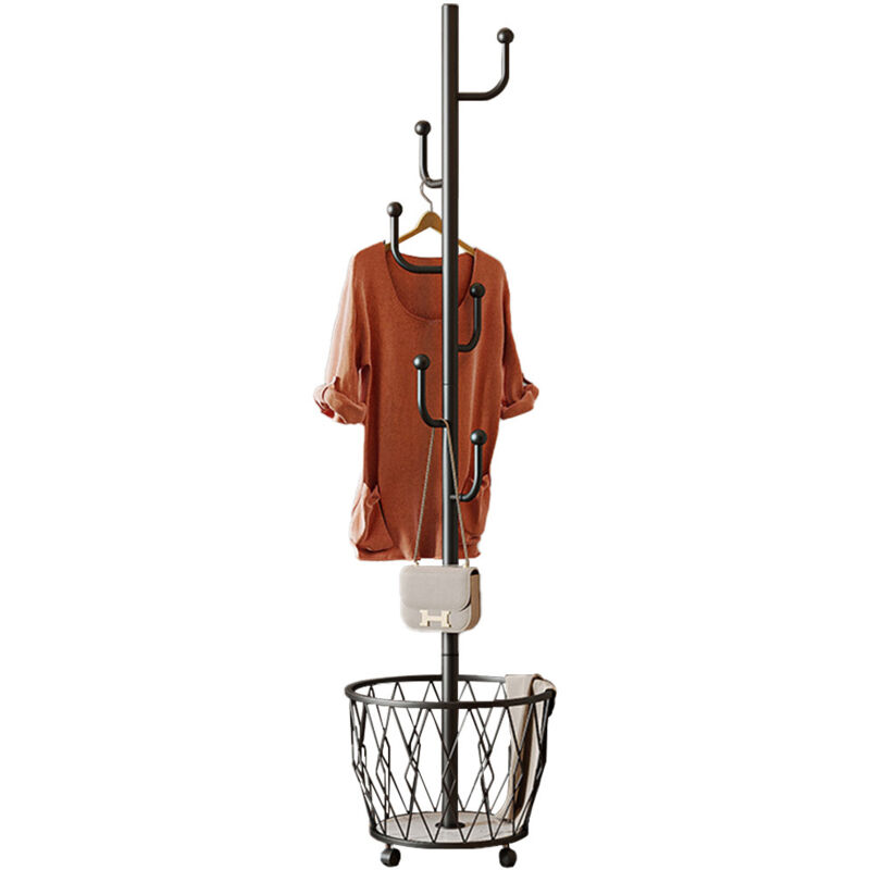 Porte-manteau en MéTal avec Roulettes/Panier Rangement/6 Crochets Suspension, porte-manteau autonome robuste, Support Rangement Pour Sac Main/Chapeau