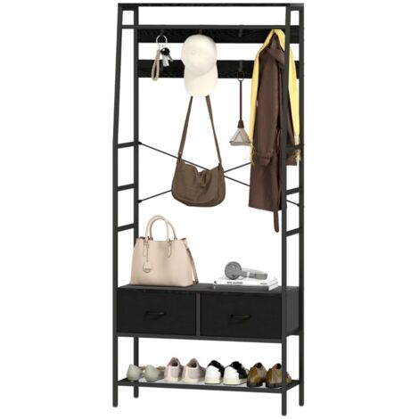 Porte manteau entrée avec étagère à chaussures 2 tiroirs en tissu 8 crochets et système anti-basculement pour couloir ou chambre couleur noir