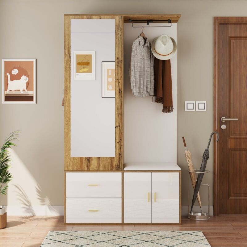 Porte-Manteau Entrée avec Miroir et Banc - Rangement Chaussures Bois Clair/Blanc - Cintre Extensible