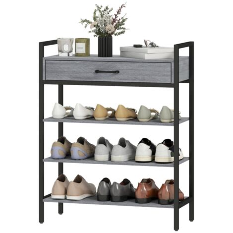 Porte-manteau Étagère à Chaussures 4 Niveaux Entrée Métal Gris pour 9 Paires Maximum avec Planche de Particules