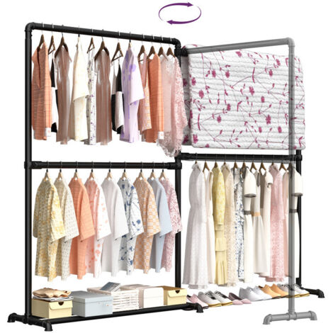 Porte manteau extensible 190x45x170 cm – 4 barres de suspension et 2 paniers – Montage sans percer – Structure métallique noire